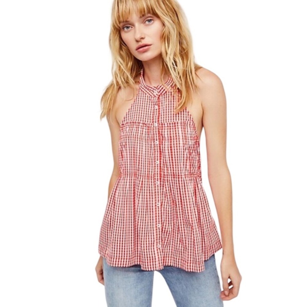 Free People Take It Easy Gingham Halter Top Size XS Red Excellent Open Back